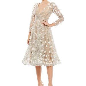 Mac Duggal Beige Blush Floral Appliqué Long Sleeve Lace Fit & Flare Dress